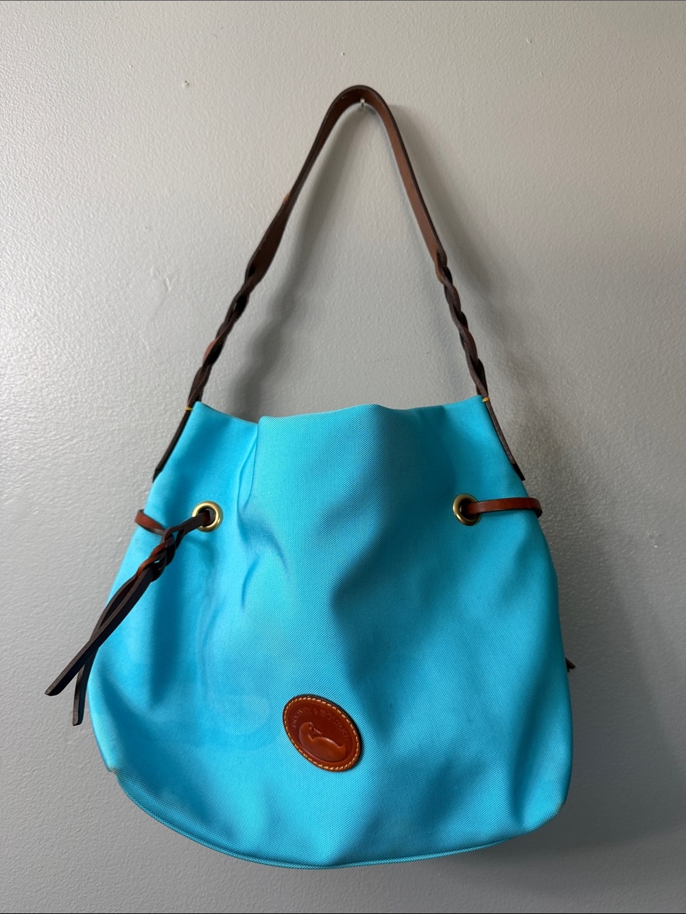 Dooney & Bourke Turquoise Canvas Hobo with Brown Leather Trim